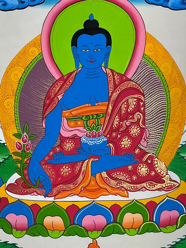 Blue figure with red robes and a pink-edged green halo — Medicine Buddha landscape thangka