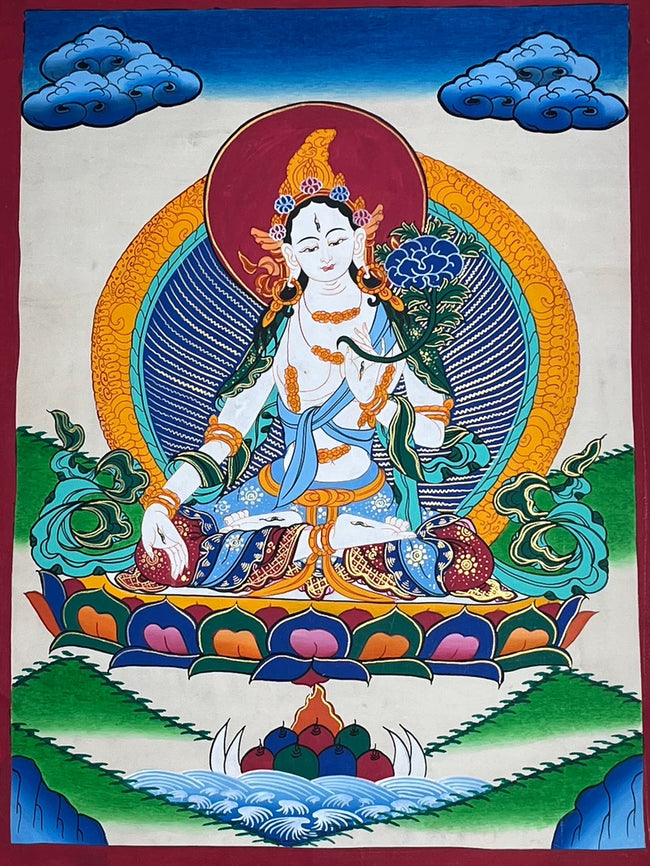 Full composition with red halo, blue clouds and green landscape — White Tara landscape thangka