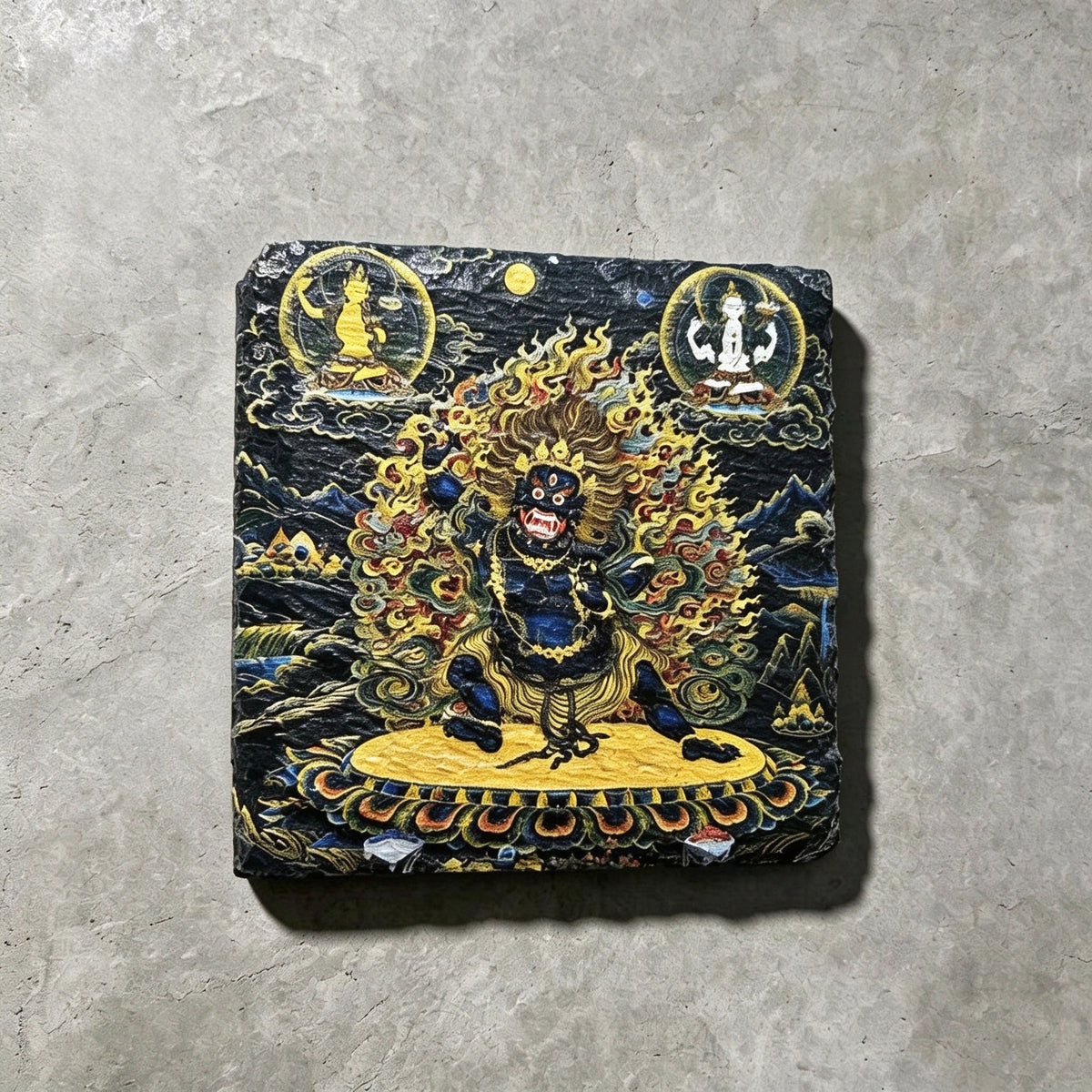 Black Mahakala black slate art tile, front view of the printed artwork and natural slate edges.