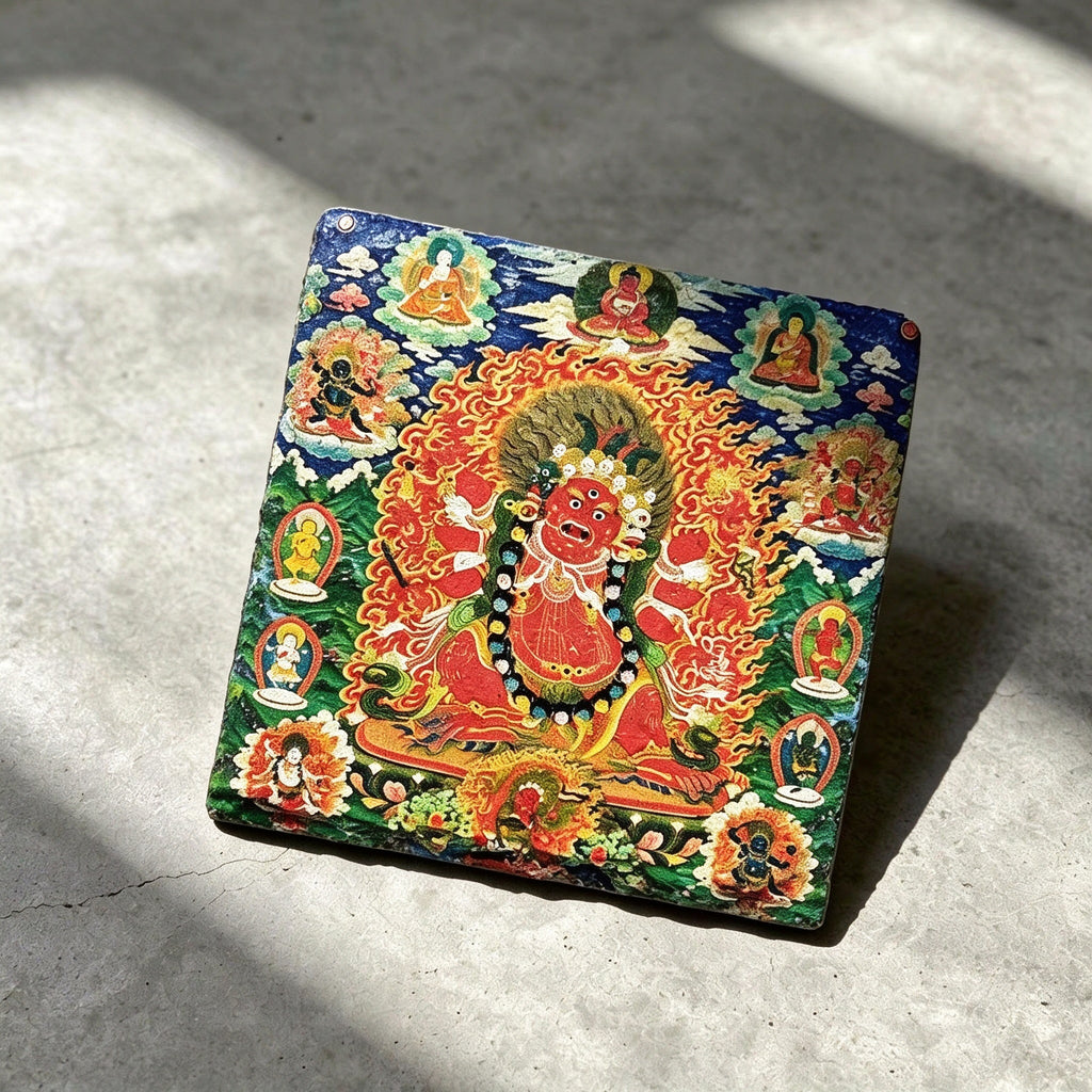 Red Jambhala black slate art tile, angled view showing the printed face and slate thickness.