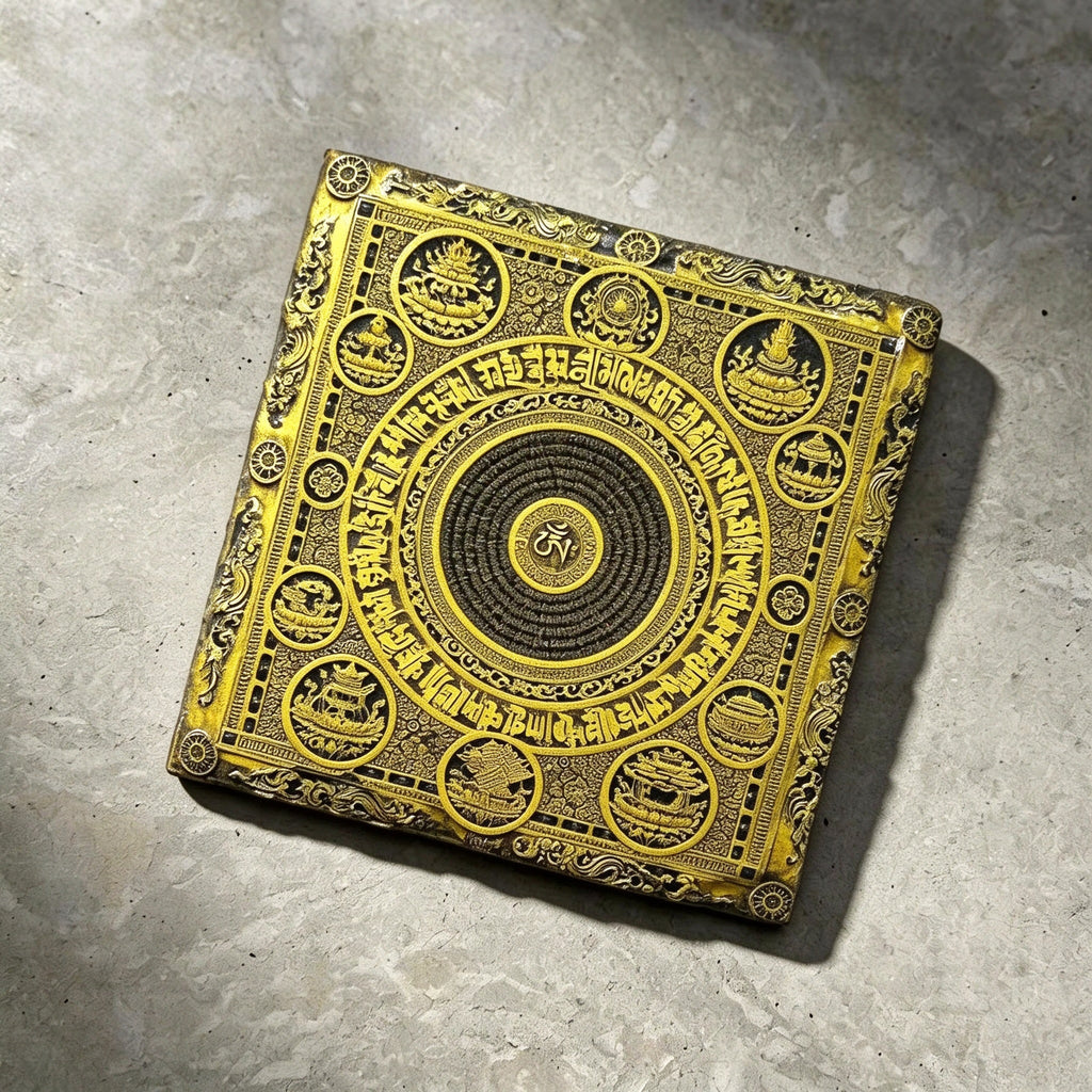 Tibetan Buddhist mandala black slate art tile, angled view showing the printed face and slate thickness.