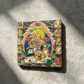 Vaishravana on snow lion black slate art tile, front view of the printed artwork and natural slate edges.