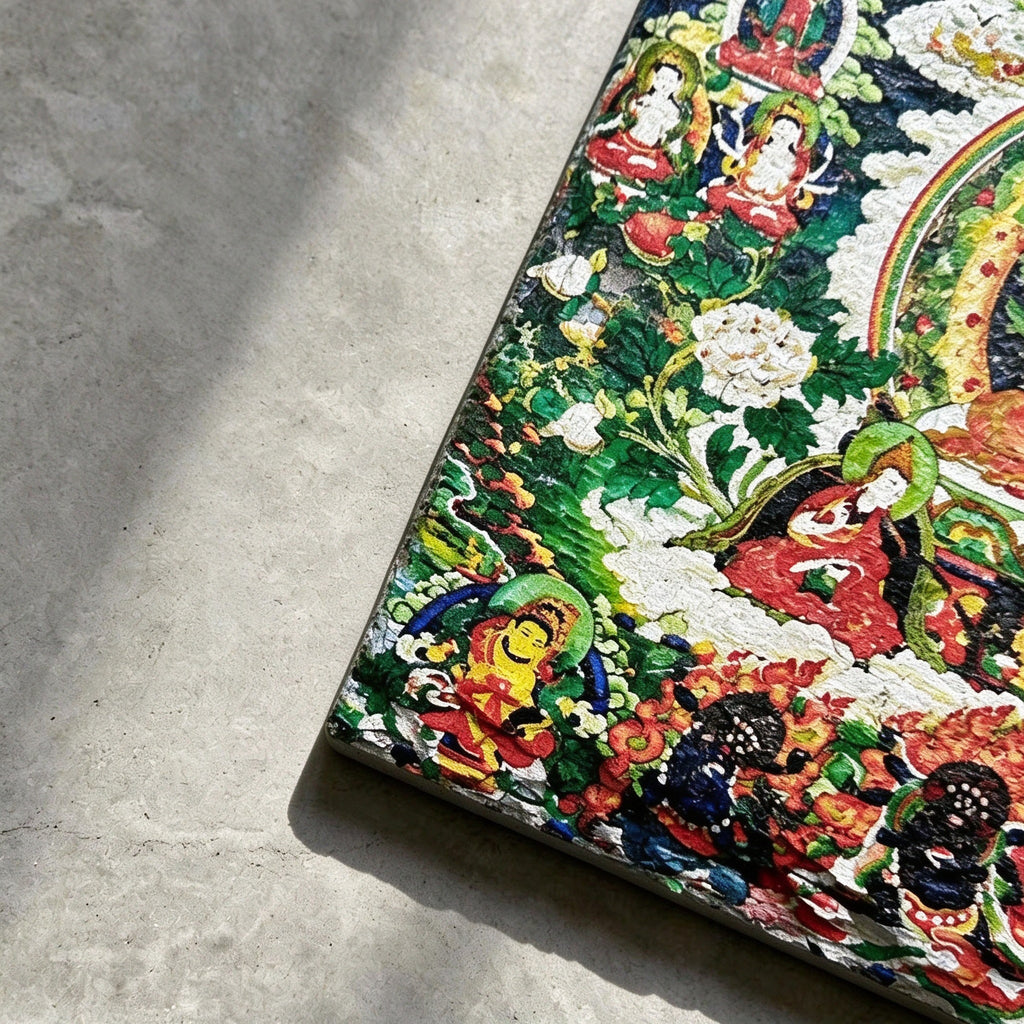 Tibetan Buddhist lineage masters black slate art tile, close-up of the printed details, surface texture and slate edge.