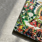 Tibetan Buddhist lineage masters black slate art tile, close-up of the printed details, surface texture and slate edge.
