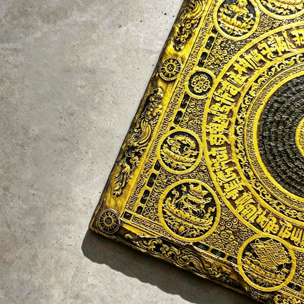 Tibetan Buddhist mandala black slate art tile, close-up of the printed details, surface texture and slate edge.