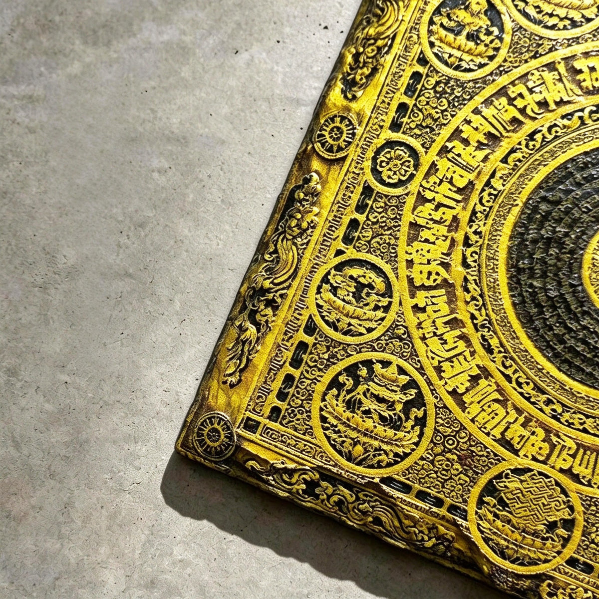 Tibetan Buddhist mandala black slate art tile, close-up of the printed details, surface texture and slate edge.