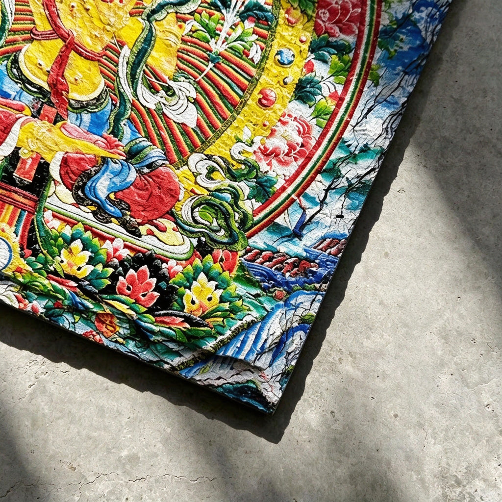 Yellow Manjushri black slate art tile, close-up of the printed details, surface texture and slate edge.