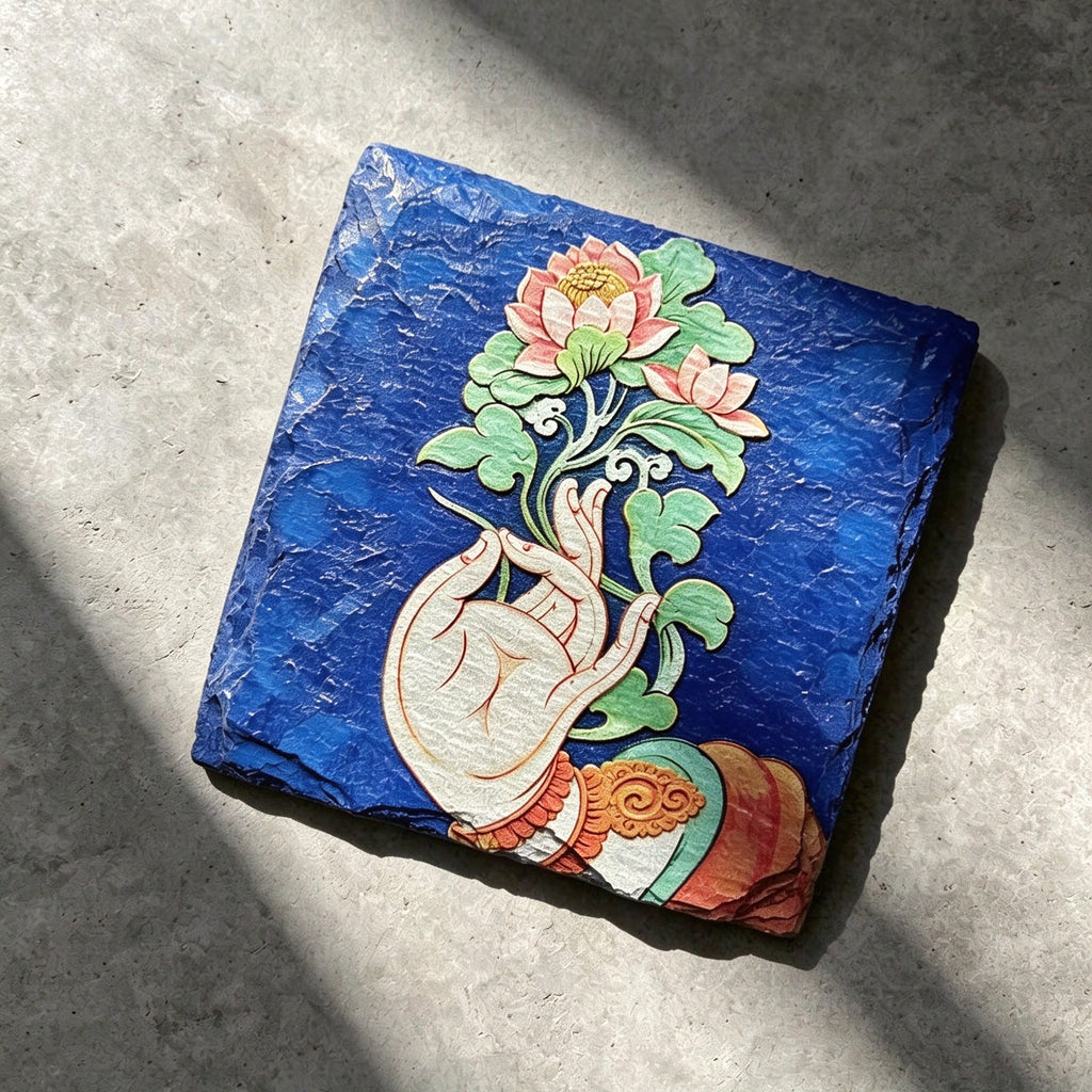 Lotus and hand black slate art tile, angled view showing the printed face and slate thickness.
