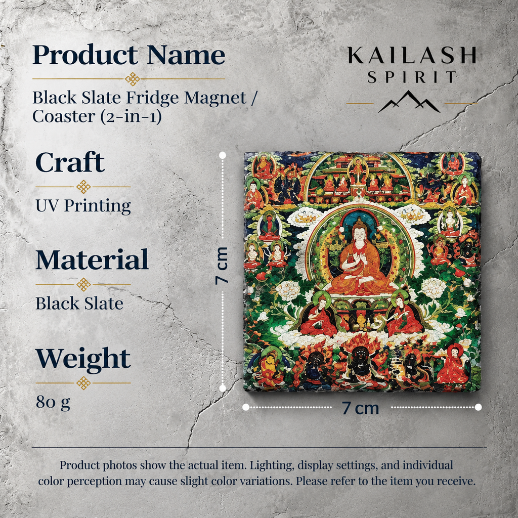 Tibetan Buddhist lineage masters black slate art tile, specification graphic with the artwork, dimensions and material information.