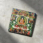 Tibetan Buddhist lineage masters black slate art tile, angled view showing the printed face and slate thickness.