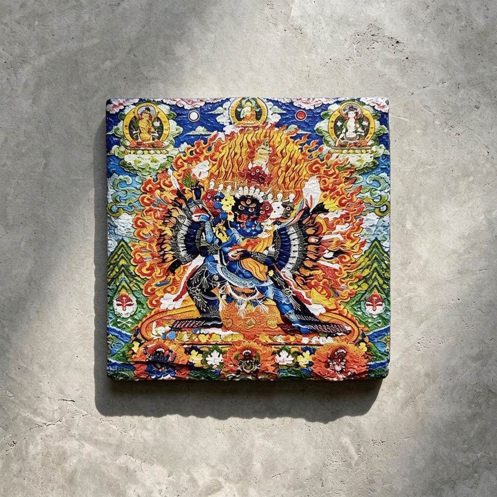 Yamantaka black slate art tile, front view of the printed artwork and natural slate edges.