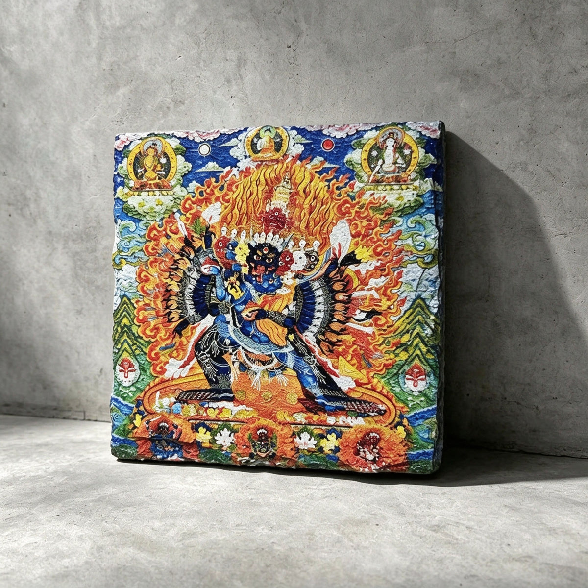 Yamantaka black slate art tile, front view of the printed artwork and natural slate edges.