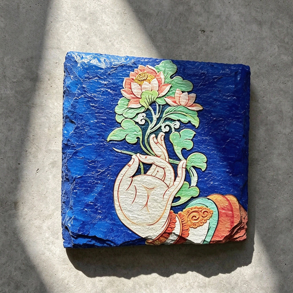 Lotus and hand black slate art tile, front view of the printed artwork and natural slate edges.