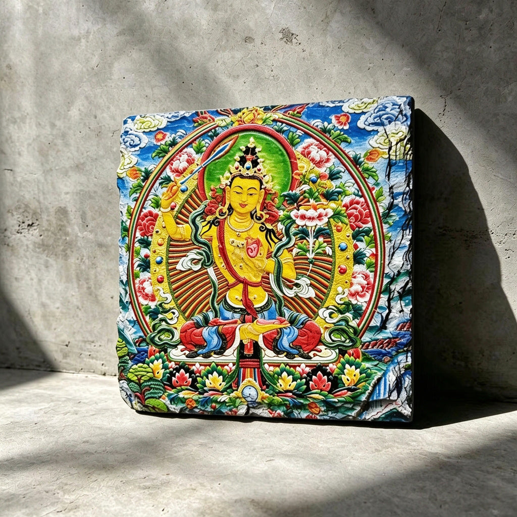 Yellow Manjushri black slate art tile, front view of the printed artwork and natural slate edges.