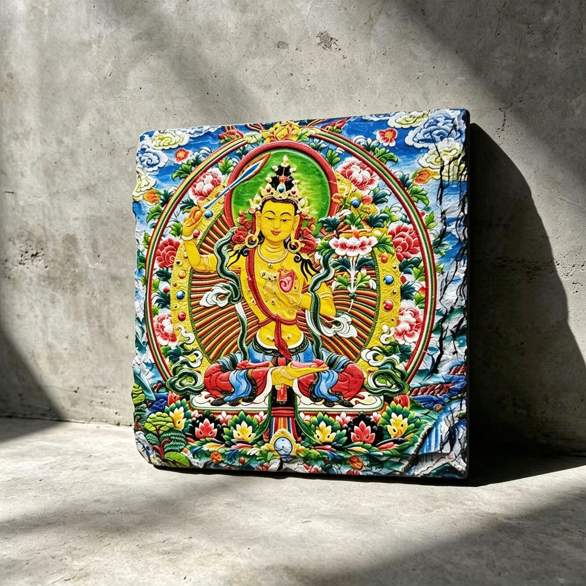 Yellow Manjushri black slate art tile, front view of the printed artwork and natural slate edges.