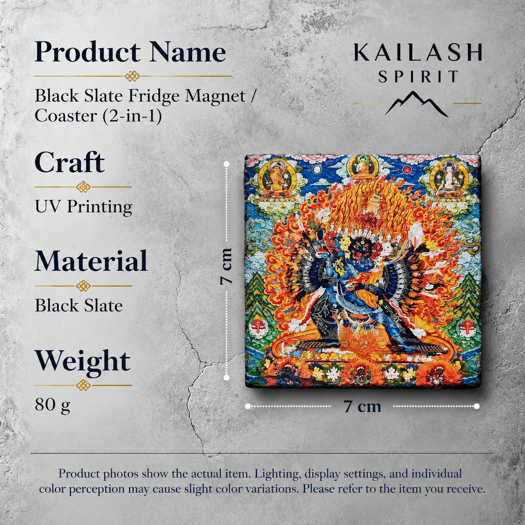 Yamantaka black slate art tile, specification graphic with the artwork, dimensions and material information.