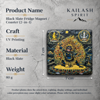 Black Mahakala black slate art tile, specification graphic with the artwork, dimensions and material information.