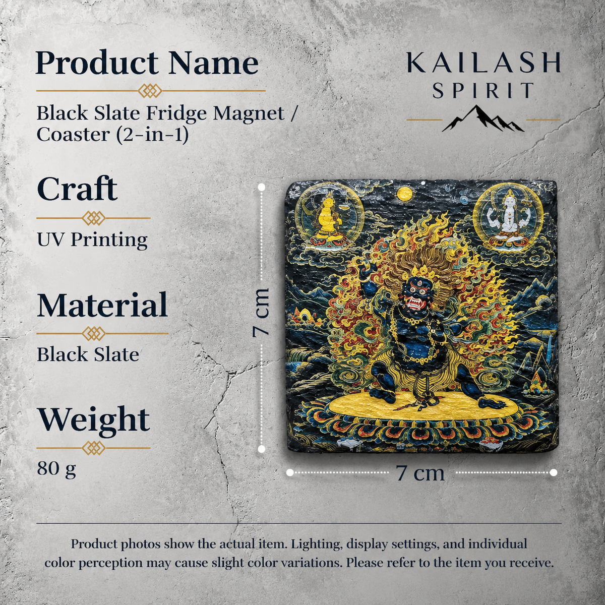 Black Mahakala black slate art tile, specification graphic with the artwork, dimensions and material information.