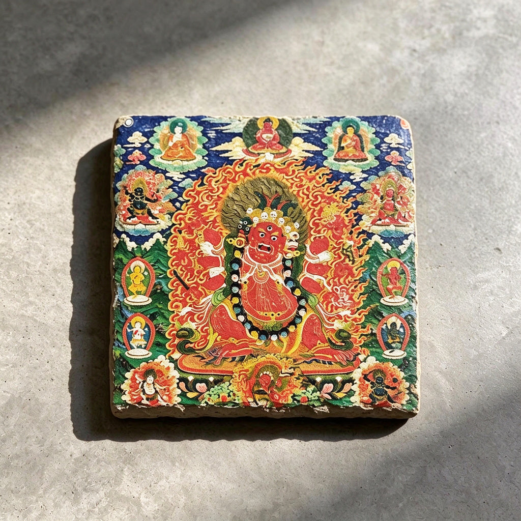 Red Jambhala black slate art tile, front view of the printed artwork and natural slate edges.