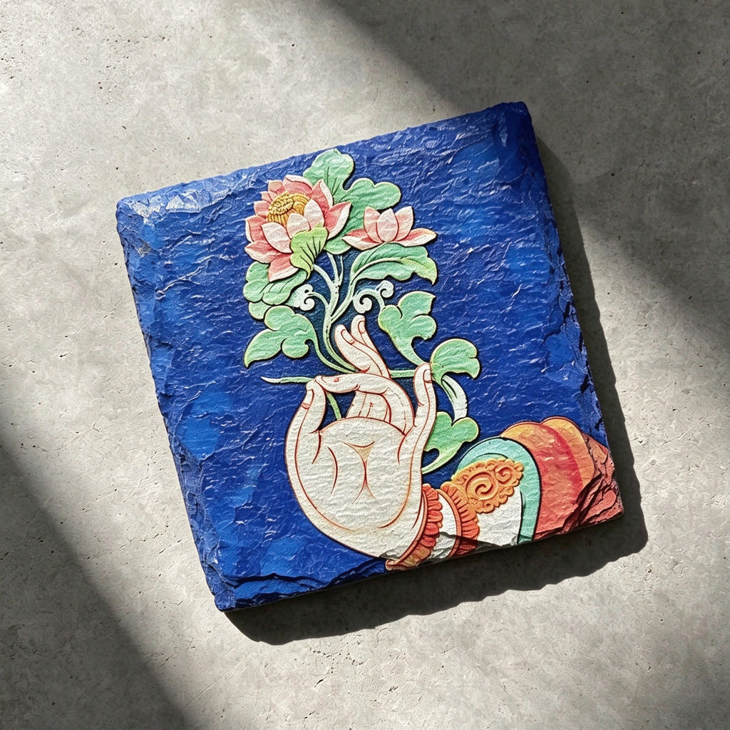 Lotus and hand black slate art tile, front view of the printed artwork and natural slate edges.