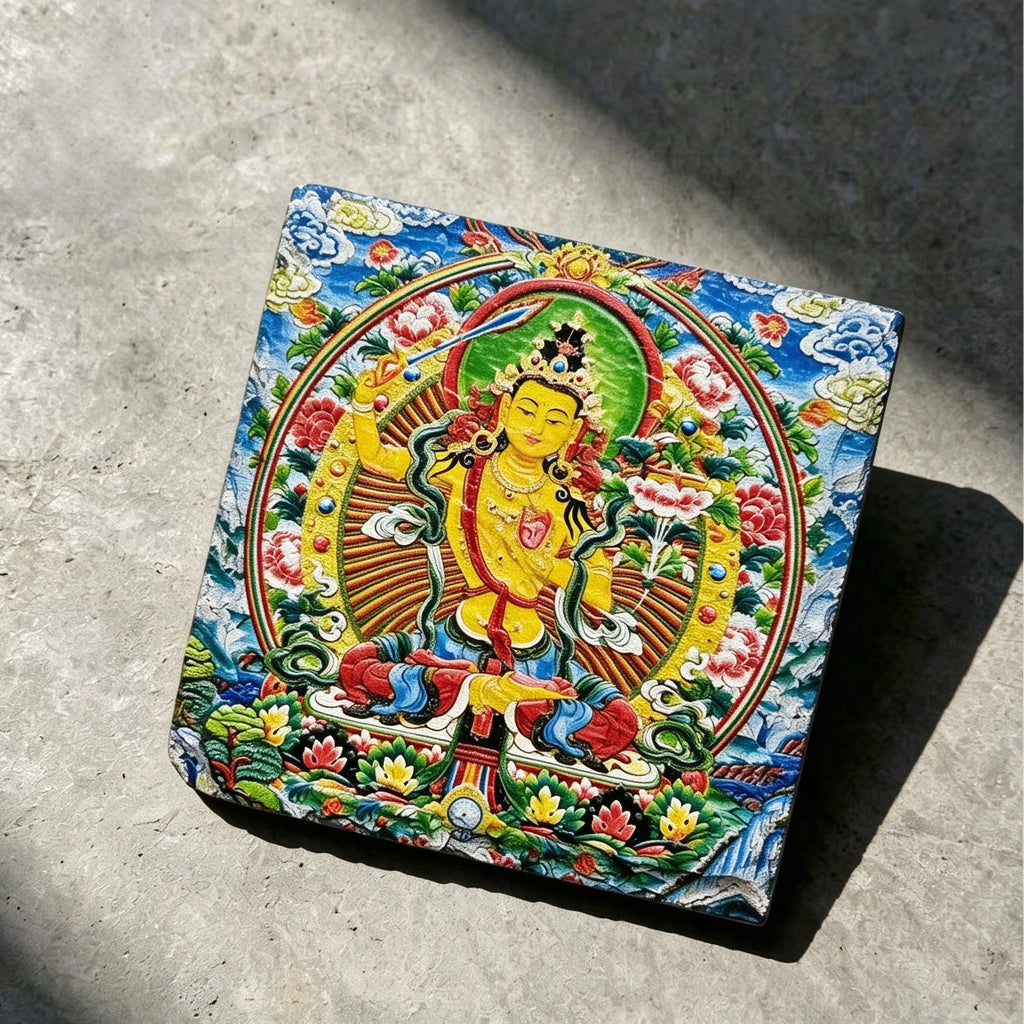 Yellow Manjushri black slate art tile, angled view showing the printed face and slate thickness.