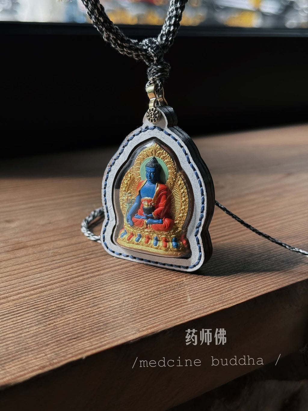 Medicine Buddha Tsa Tsa Handcrafted Tibetan Buddhist Sculpture with Patina Leather Case
