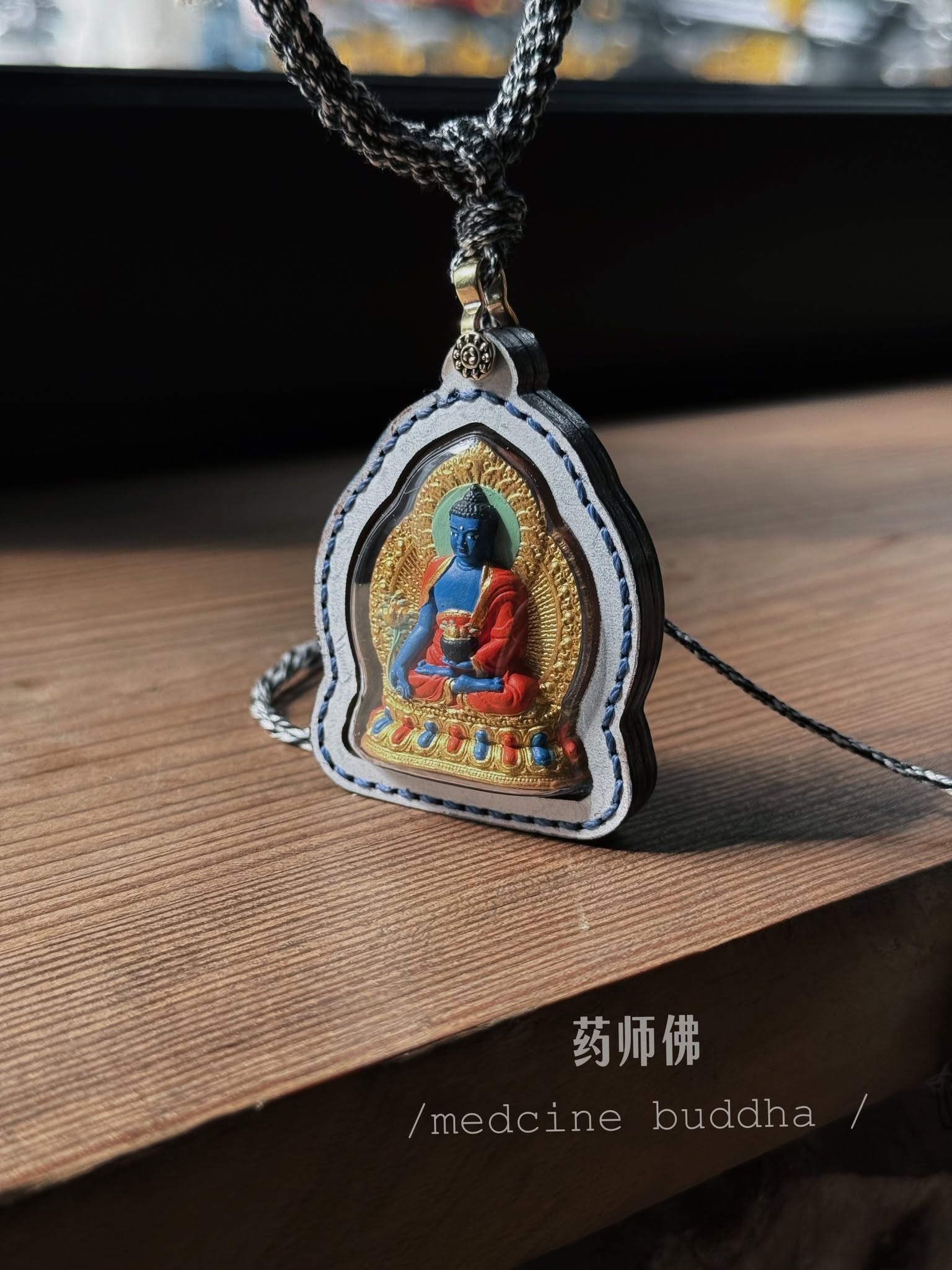 Medicine Buddha Tsa Tsa Handcrafted Tibetan Buddhist Sculpture with Patina Leather Case