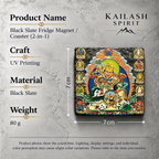 Vaishravana on snow lion black slate art tile, specification graphic with the artwork, dimensions and material information.