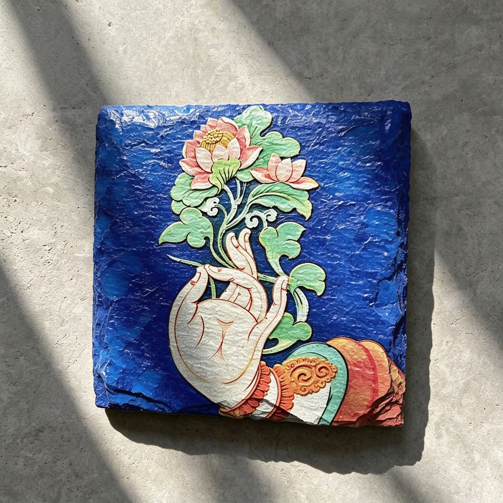 Lotus and hand black slate art tile, angled view showing the printed face and slate thickness.
