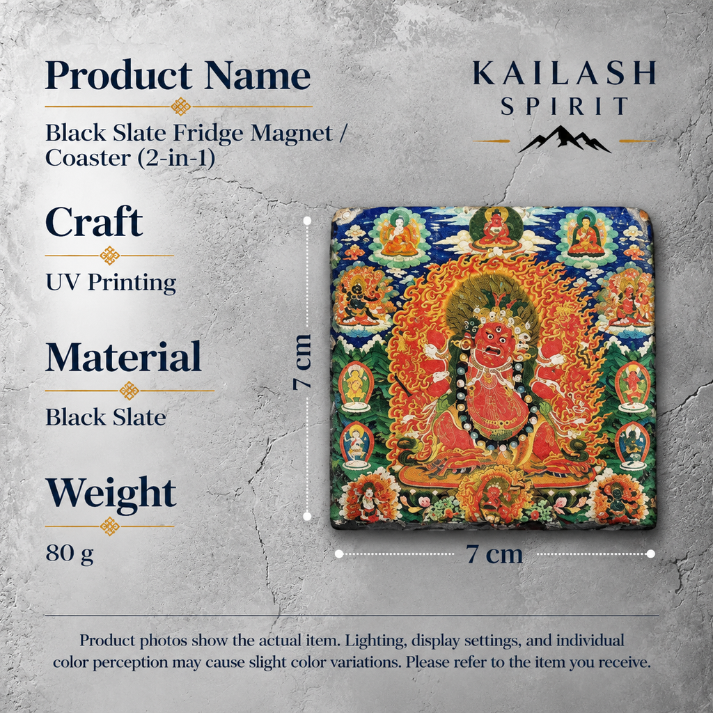 Red Jambhala black slate art tile, specification graphic with the artwork, dimensions and material information.
