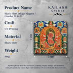 Red Jambhala black slate art tile, specification graphic with the artwork, dimensions and material information.