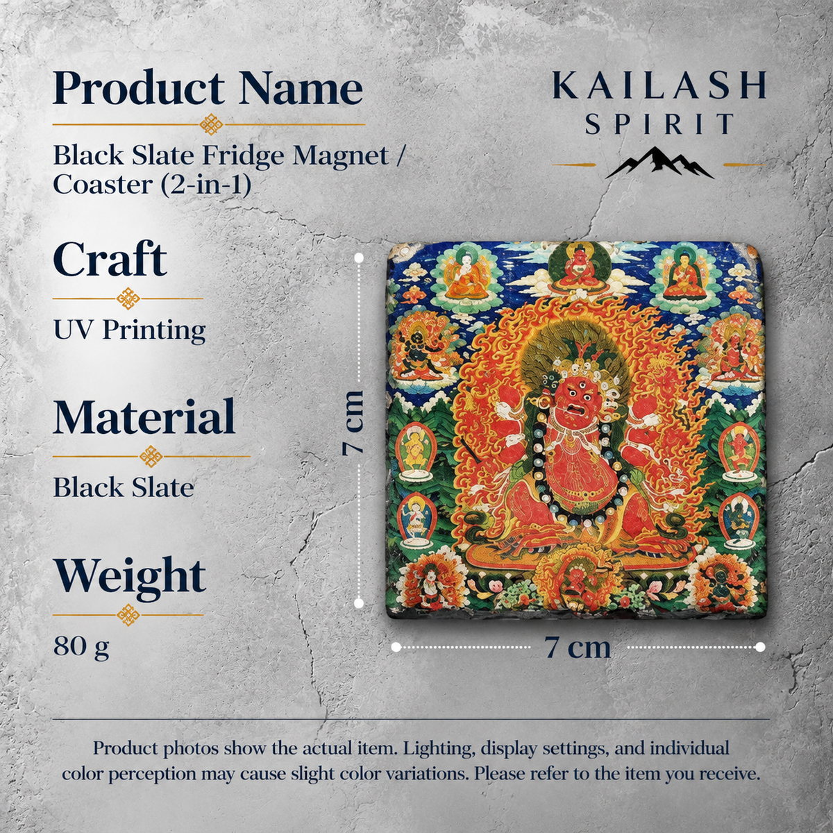 Red Jambhala black slate art tile, specification graphic with the artwork, dimensions and material information.
