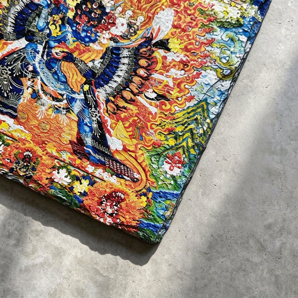 Yamantaka black slate art tile, close-up of the printed details, surface texture and slate edge.