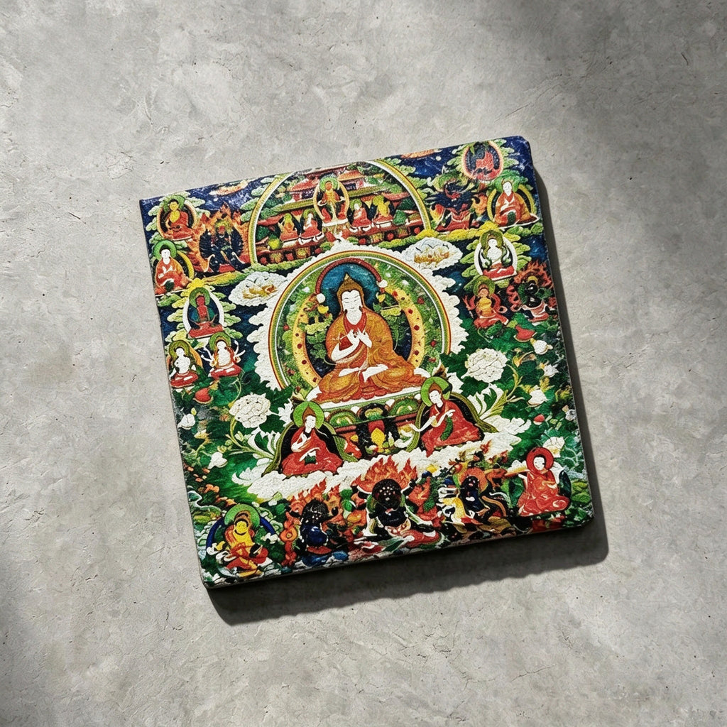 Tibetan Buddhist lineage masters black slate art tile, angled view showing the printed face and slate thickness.