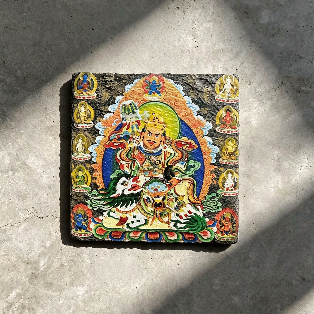 Vaishravana on snow lion black slate art tile, front view of the printed artwork and natural slate edges.