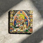 Vaishravana on snow lion black slate art tile, front view of the printed artwork and natural slate edges.