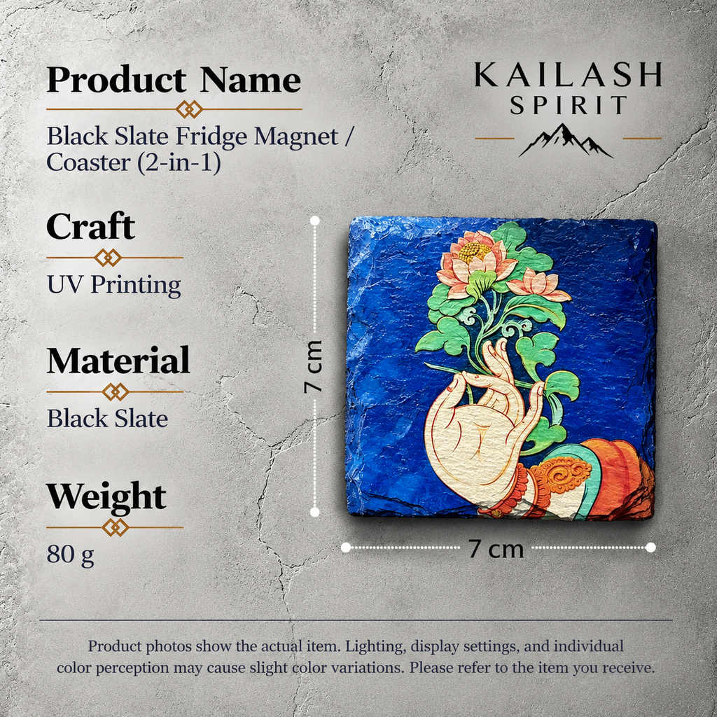 Lotus and hand black slate art tile, specification graphic with the artwork, dimensions and material information.