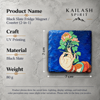 Lotus and hand black slate art tile, specification graphic with the artwork, dimensions and material information.
