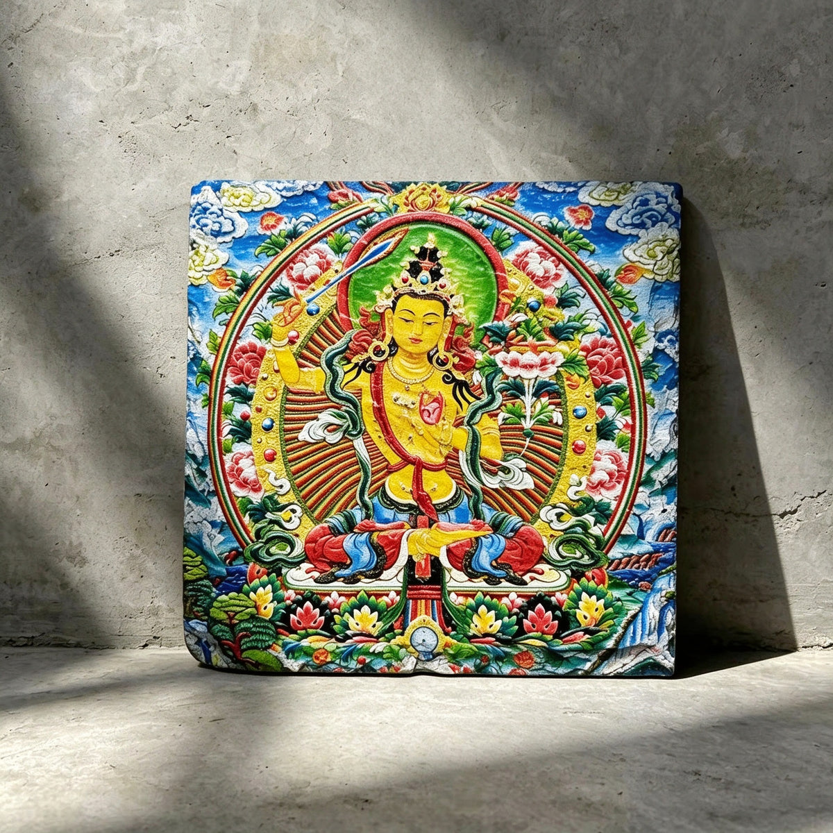 Yellow Manjushri black slate art tile, front view of the printed artwork and natural slate edges.