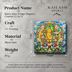 Yellow Manjushri black slate art tile, specification graphic with the artwork, dimensions and material information.