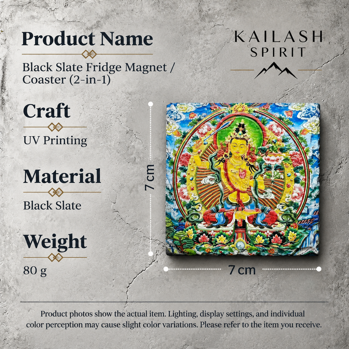 Yellow Manjushri black slate art tile, specification graphic with the artwork, dimensions and material information.
