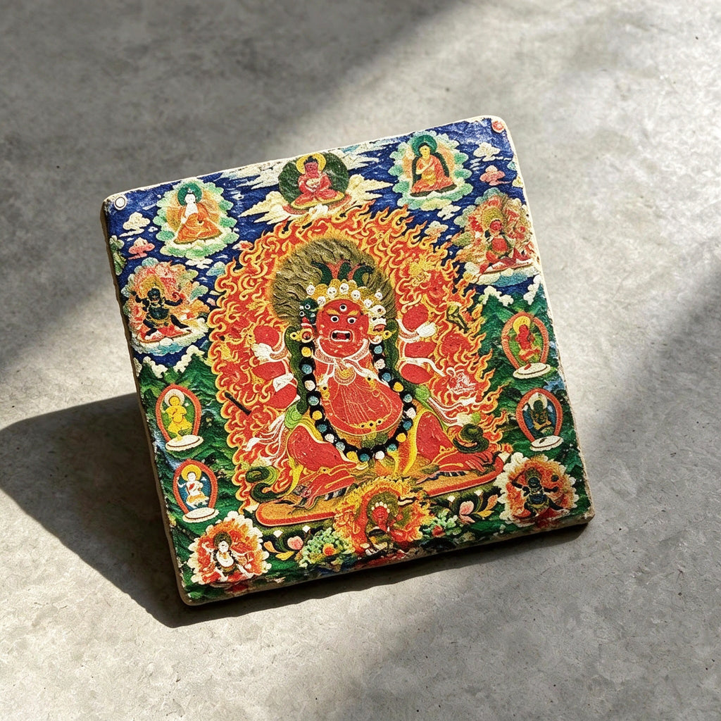 Red Jambhala black slate art tile, angled view showing the printed face and slate thickness.