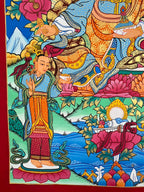 Left attendant and lower floral details — Colorful Padmasambhava thangka