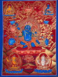 Full painting with blue Acala and four surrounding figures — Red-ground Acala thangka