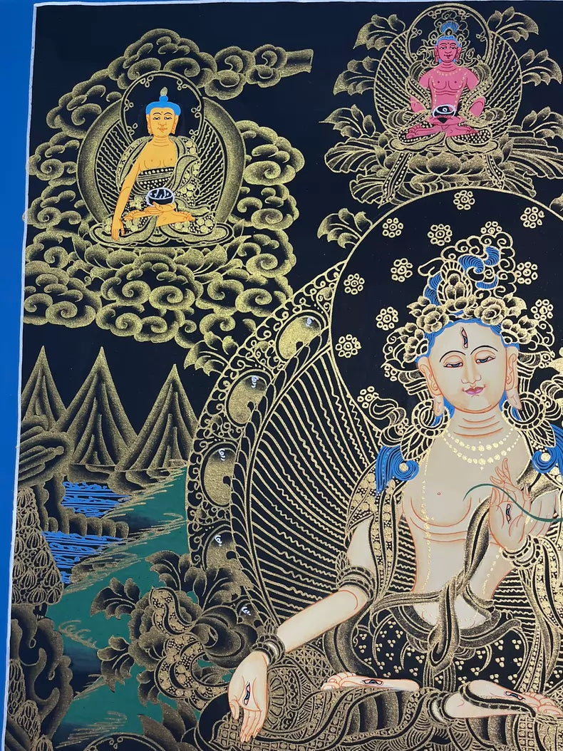Upper-left figures and gold clouds — Black-and-gold White Tara thangka
