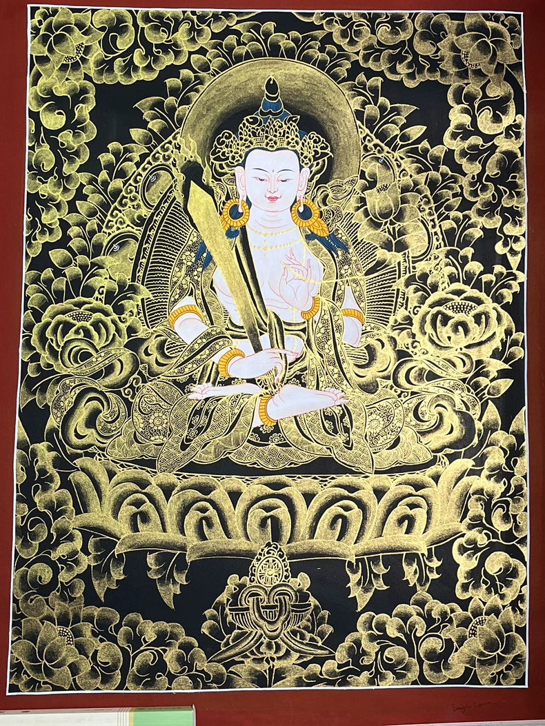 Full composition with white figure and gold flowers — Black-and-gold Akashagarbha thangka