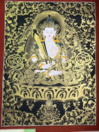 Full composition with white figure and gold flowers — Black-and-gold Akashagarbha thangka