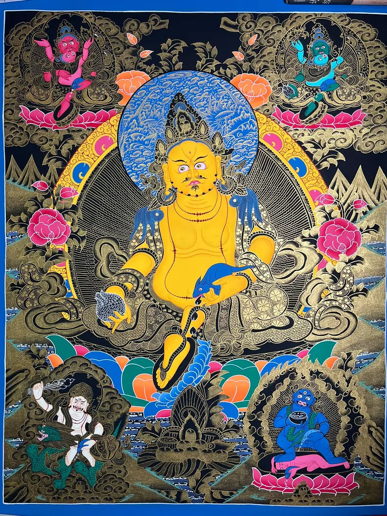 Full black-ground composition with yellow figure and blue halo — Large Yellow Jambhala thangka