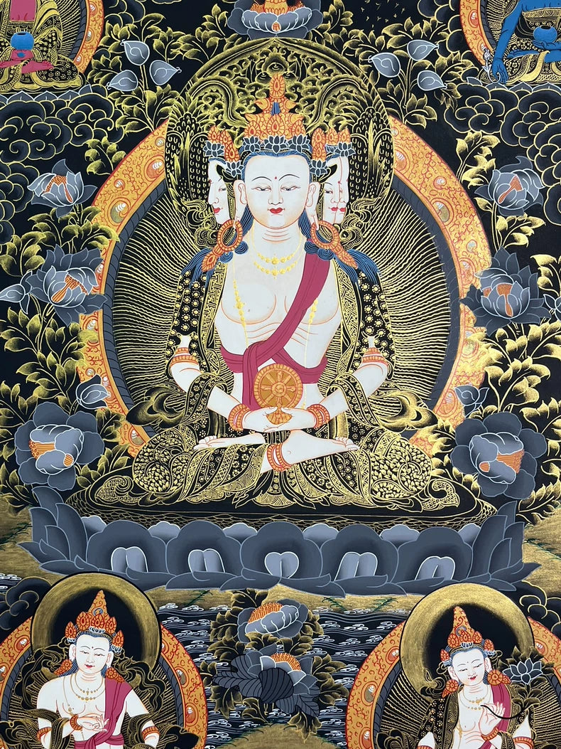 Central Buddha and lower lotus pedestal — Vairocana Buddha thangka