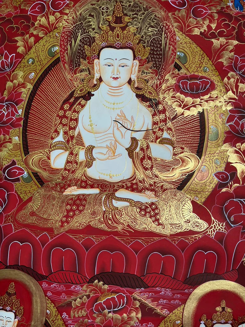 Face, crown and upper-body detail — Mahasthamaprapta thangka